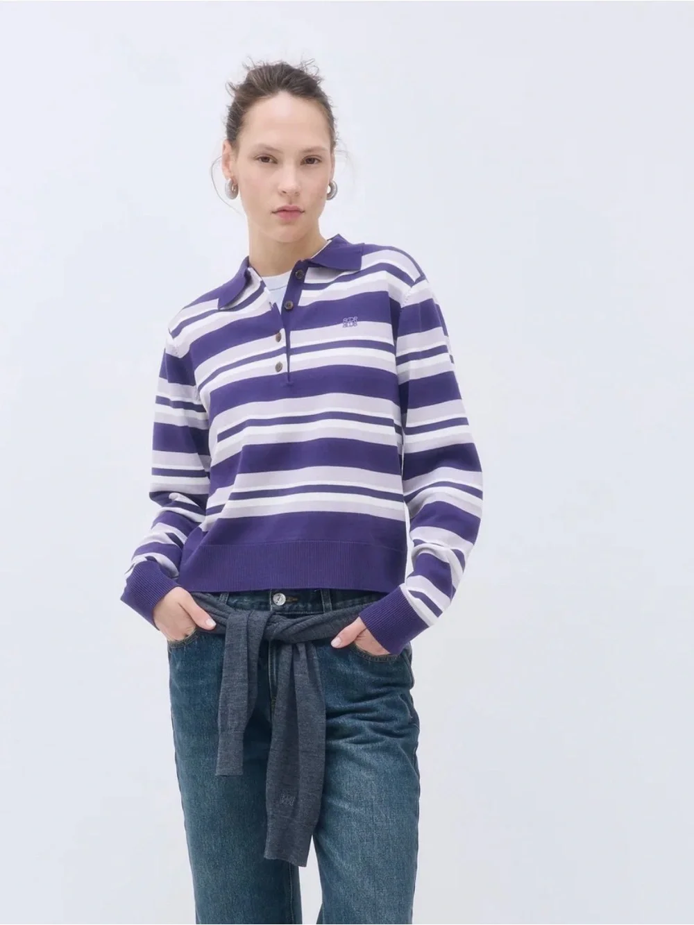 De Rococo Striped Purple and White Knit Polo Sweater